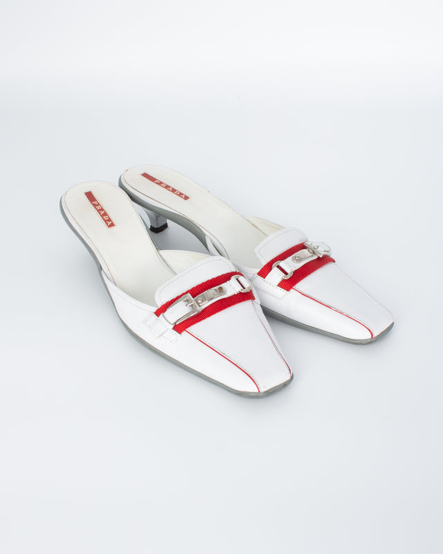 Prada Linea Rossa White Mules