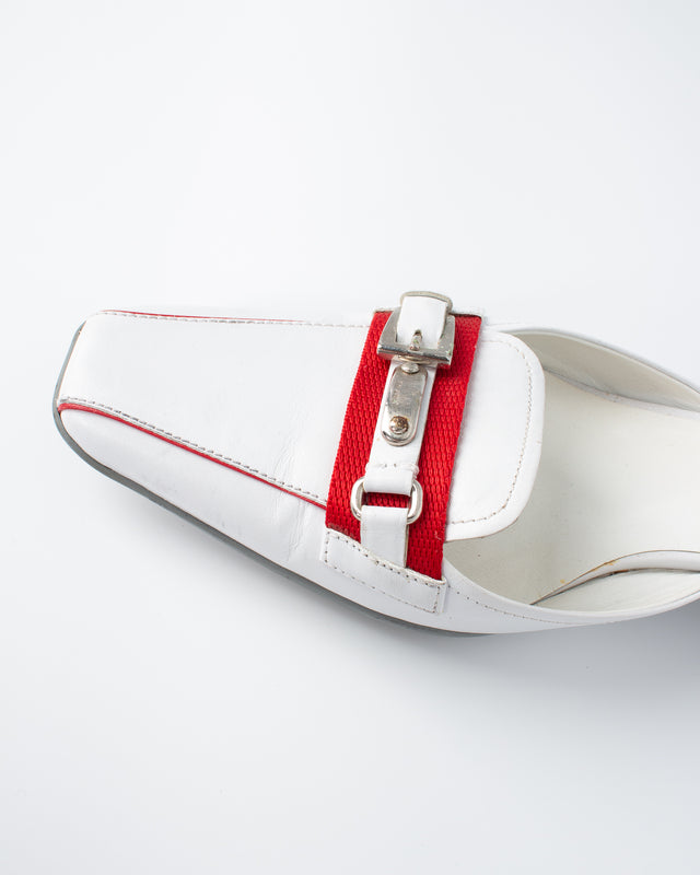 Prada Linea Rossa White Mules