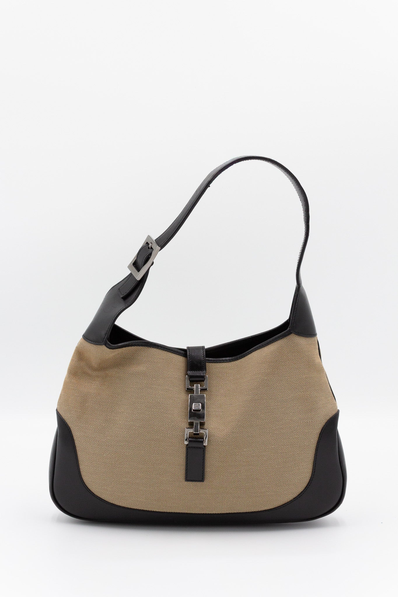 Gucci Jackie in Beige Canvas and Black Leather