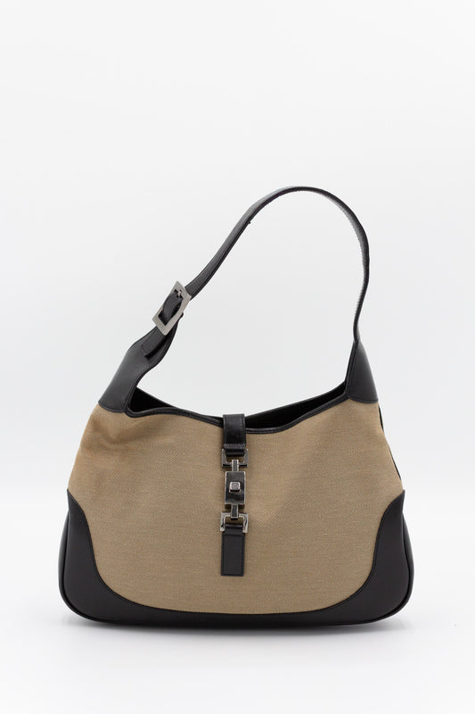 Gucci Jackie in Beige Canvas and Black Leather