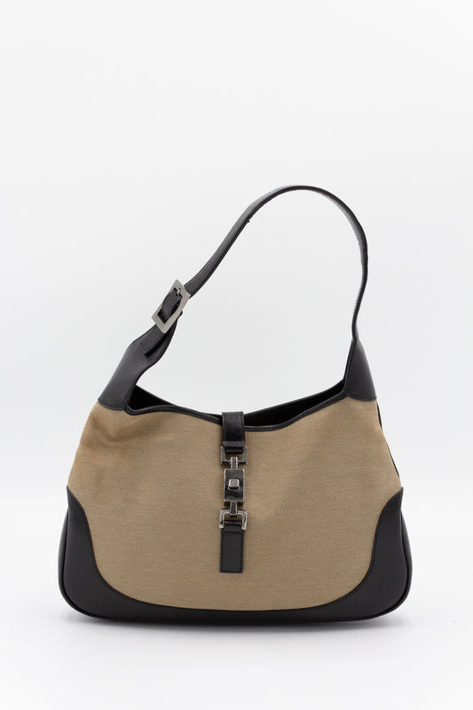 Gucci Jackie in Beige Canvas and Black Leather