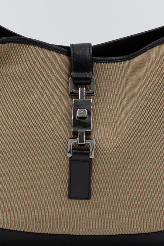 Gucci Jackie in Beige Canvas and Black Leather